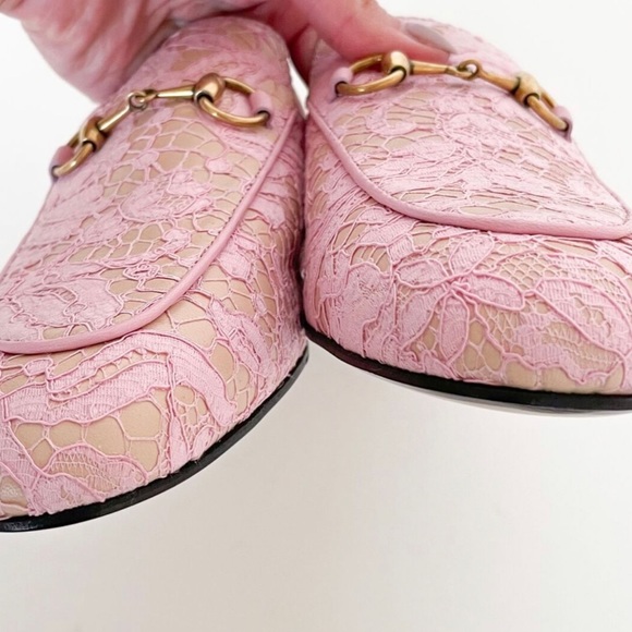 GUCCI Princetown Pink Lace Overlay Leather Horsebit Loafer Mules Size 36, - Picture 4 of 5